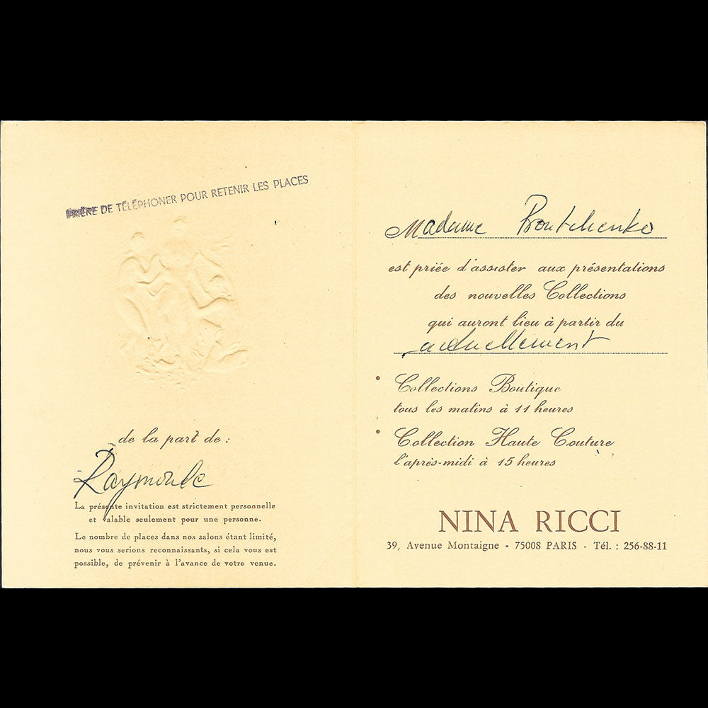 Nina Ricci - Invitation de la maison de couture, 39 avenue Montaigne à Paris (1950s)