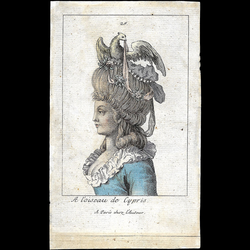 A l'Oiseau de Cypris, gravure de coiffure (circa 1780)