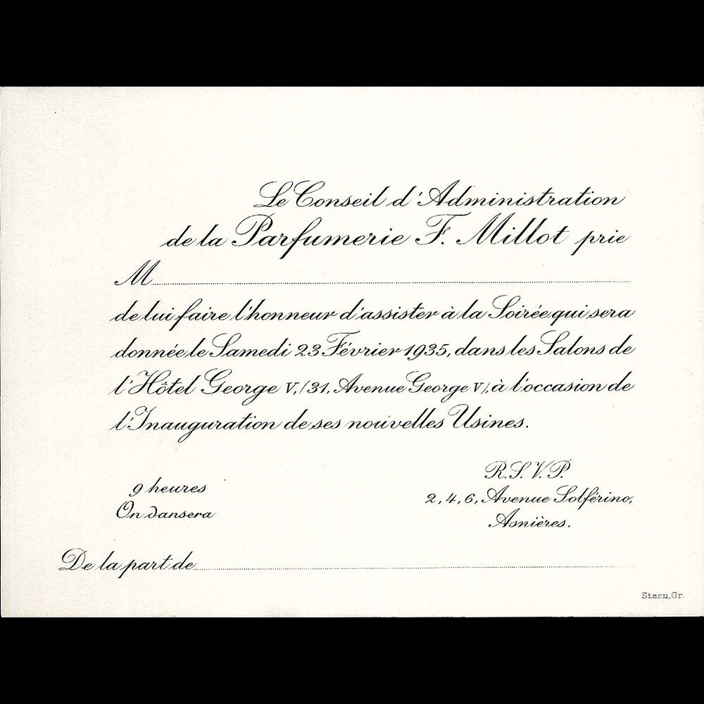 Parfumerie F. Millot - Invitation au George V à l'occasion de l'inauguration des nouvelles usines (1935)