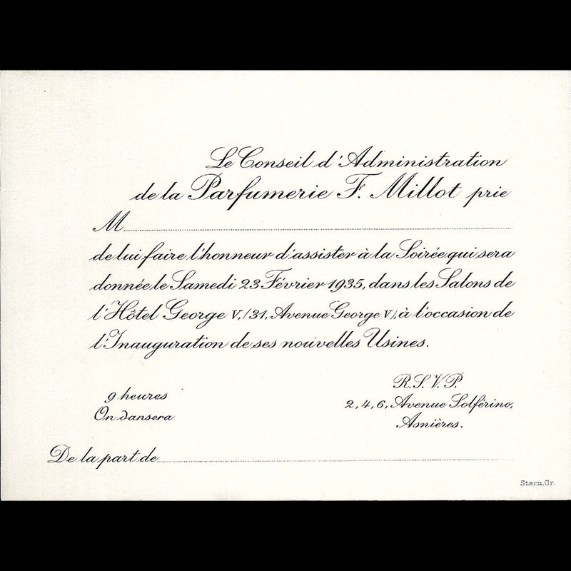 Parfumerie F. Millot - Invitation au George V à l'occasion de l'inauguration des nouvelles usines (1935)