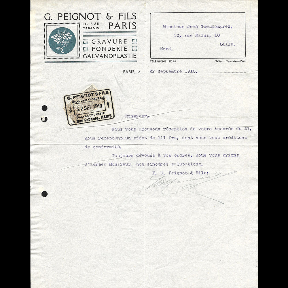 G. Peignot et Fils - Lettre de la fonderie 14 rue Cabanis à Paris (1910)