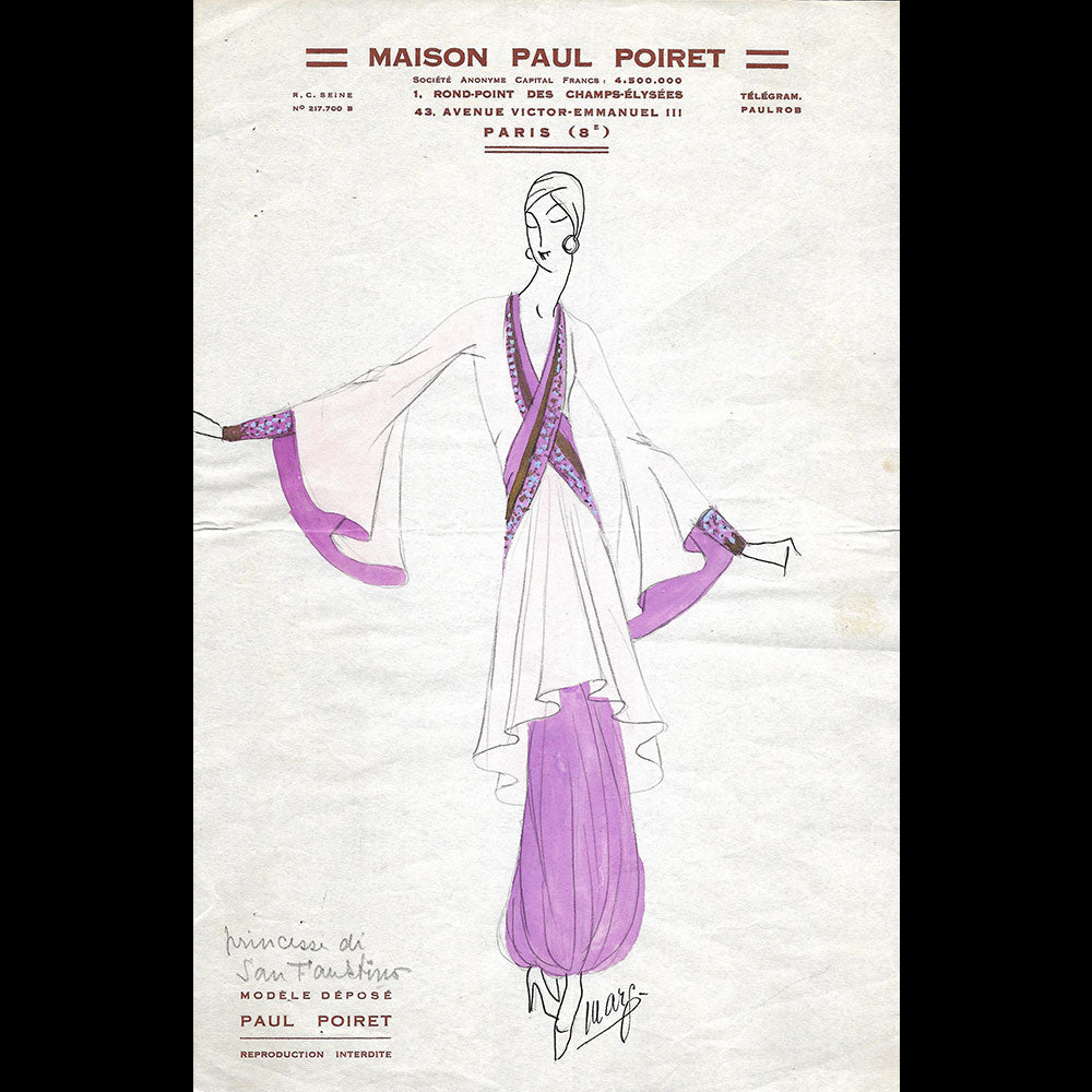 Poiret - Dessin d'une robe pour la princesse di Faustino (circa 1925)