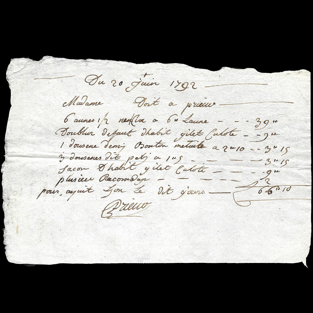 Prieur - Mémoire du tailleur à Lyon (1792)