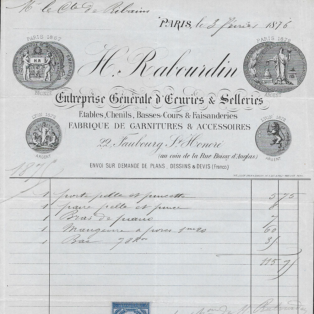 Rabourdin - Facture de l'entreprise générale d'écuries et de sellerie, 22 faubourg Saint-Honoré (1875)