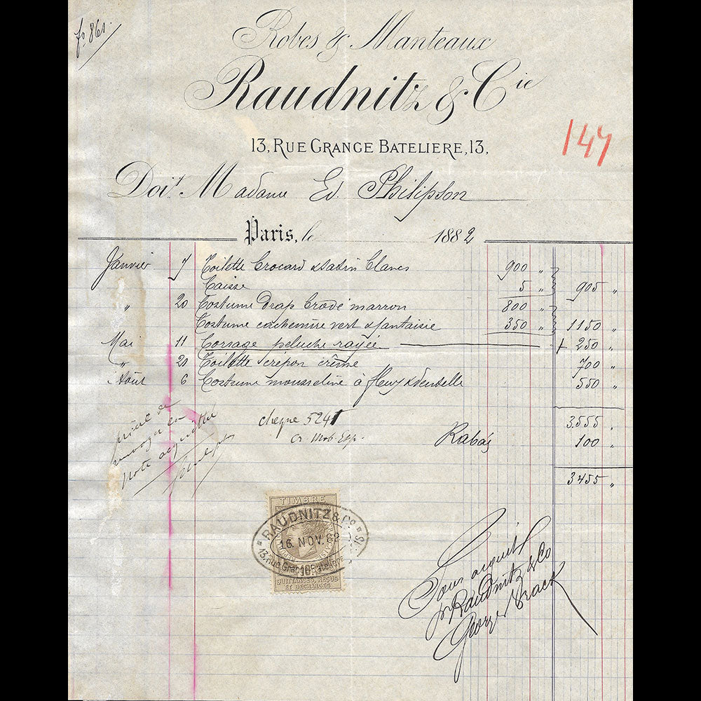 Raudnitz & Co - Facture de la maison de couture, 13 rue de la Grange Batelière à Paris (1882)