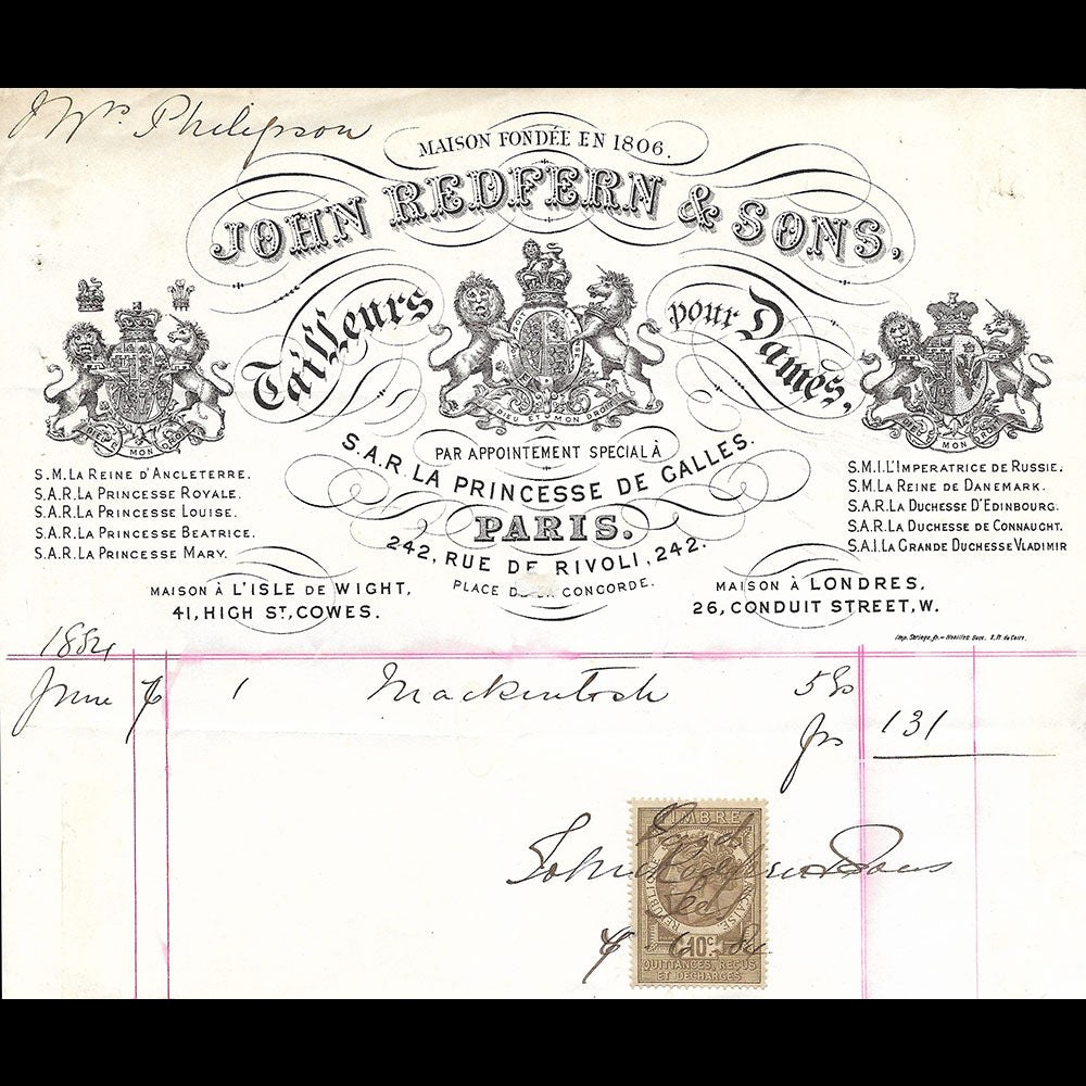 Redfern and sons - Facture du tailleur pour dames, 242, rue de Rivoli à Paris (1884)