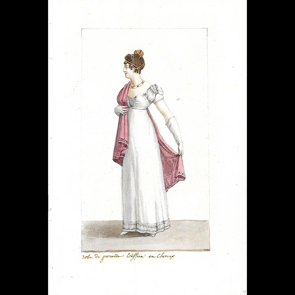 Robe de percale, coiffure en cheveux - Dessin pour un périodique de mode (1800-1810s)