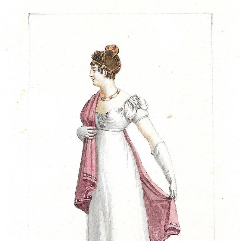 Robe de percale, coiffure en cheveux - Dessin pour un périodique de mode (1800-1810s)