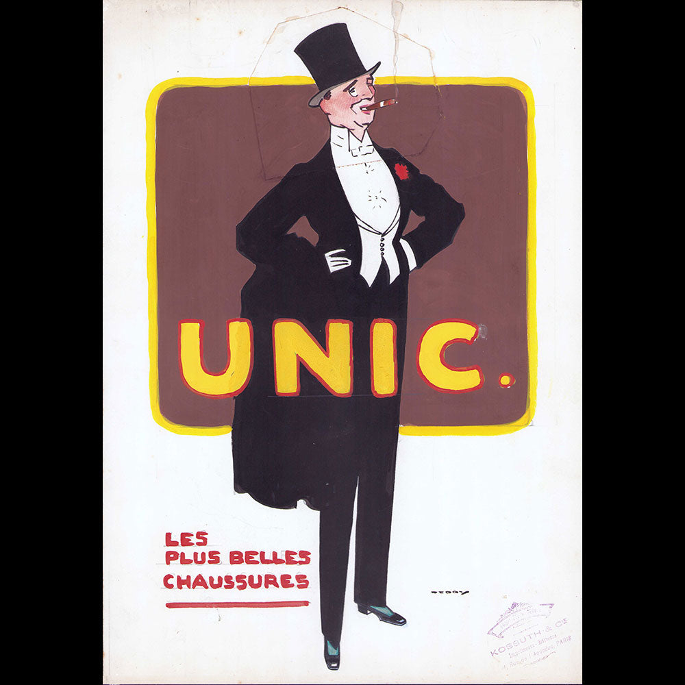 Chaussures Unic - Unic, les plus belles chaussures, projet de publicité, dessin d'Edouard Saunier (1910s)