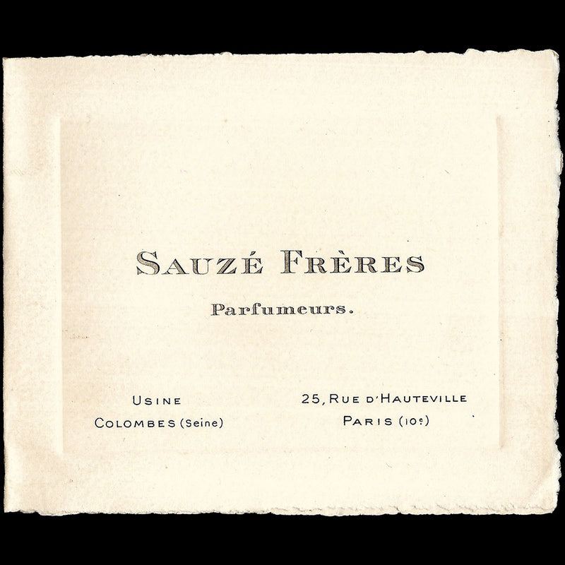Sauzé Frères - Carte de correspondance des parfumeurs, 25 rue d'Hauteville à Paris (1920s)