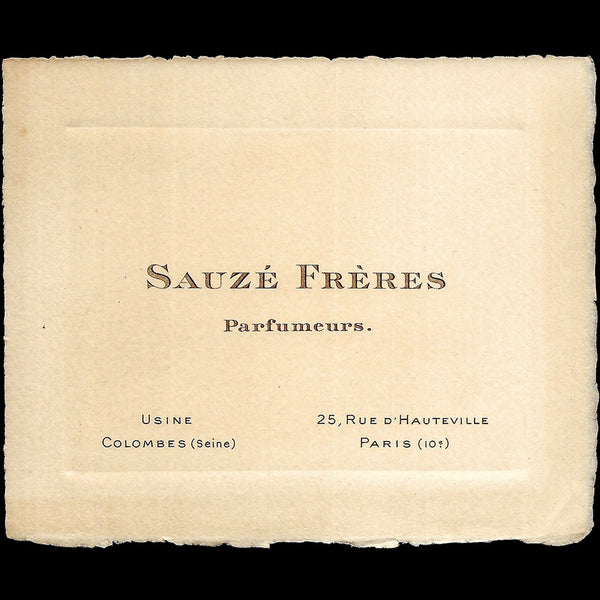 Sauzé Frères - Carte des parfumeurs, 25 rue d'Hauteville à Paris (1920s)