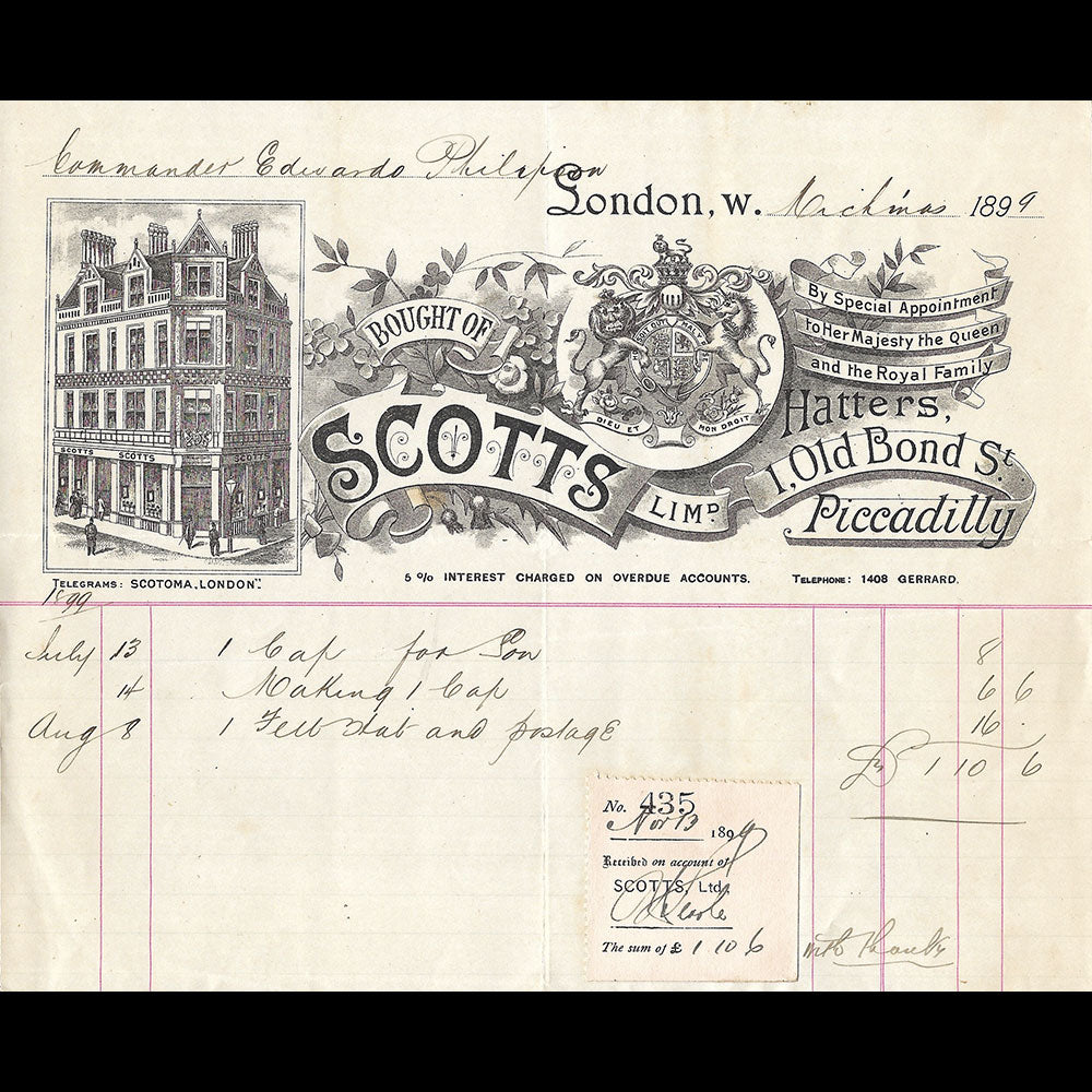 Scotts - Facture de la maison de chapellerie, 1 Old Bond Street, London (1899)