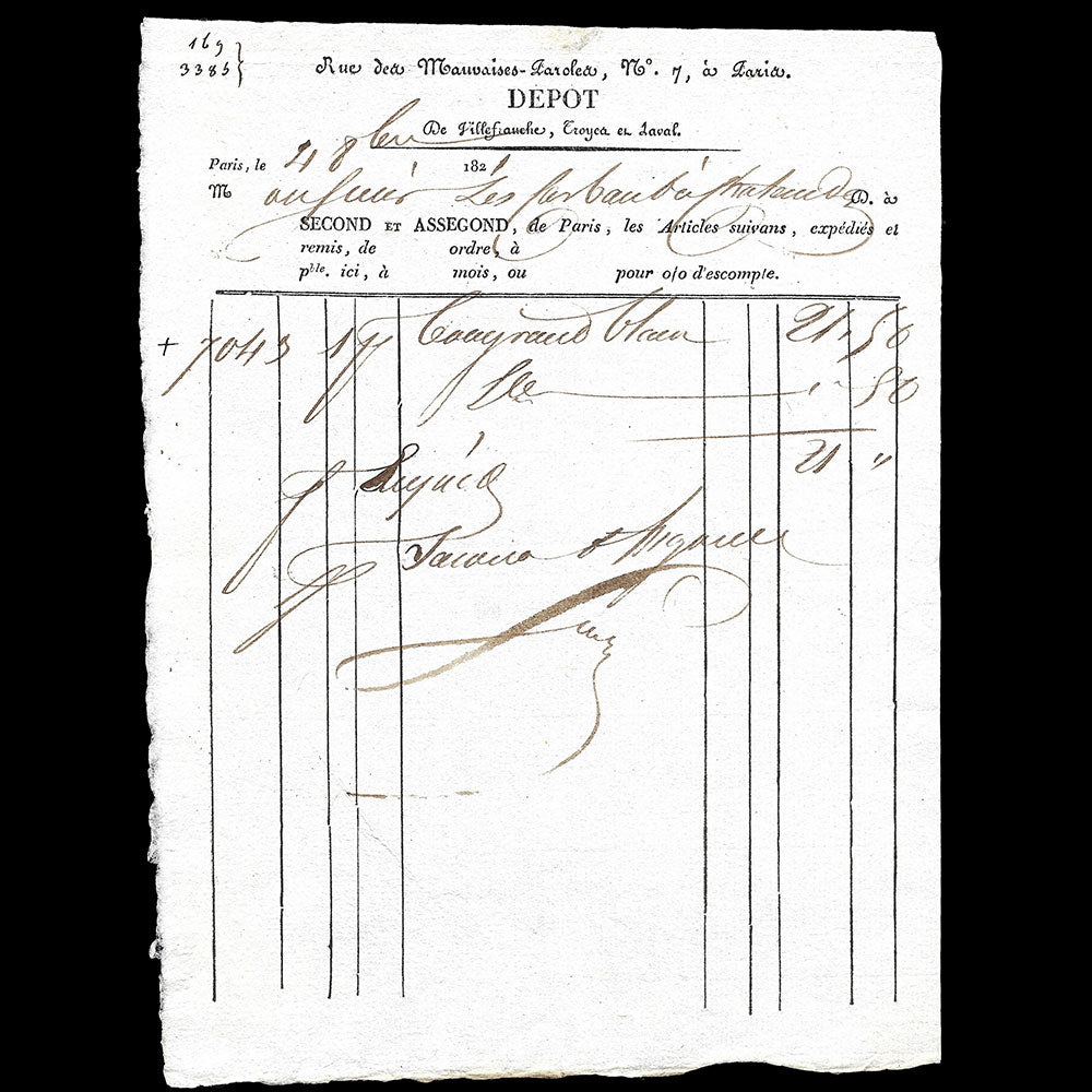 Second Assegond - Facture du magasin de tissus, 7 rue des Mauvaises Paroles à Paris (1821)