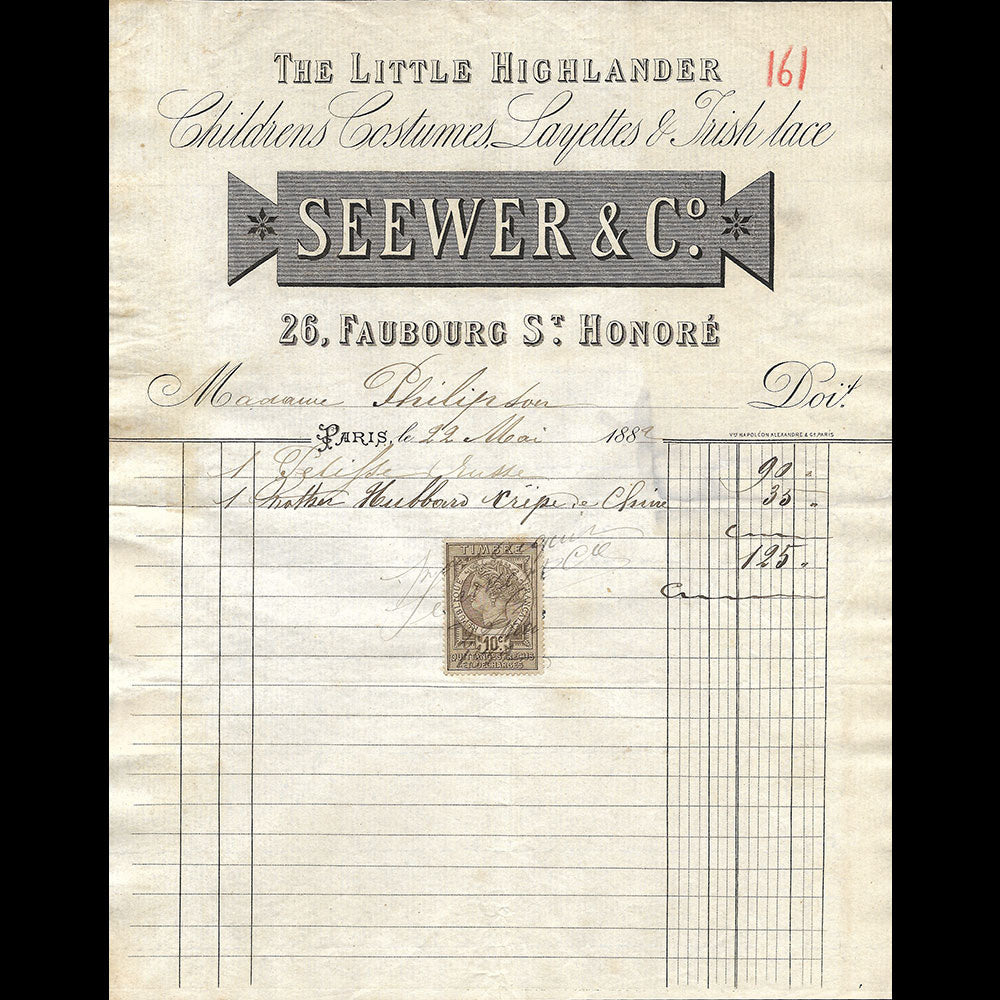 Seewer & Co - Facture de la maison de vêtements pour enfants, 26 Faubourg Saint-Honoré à Paris (1882)
