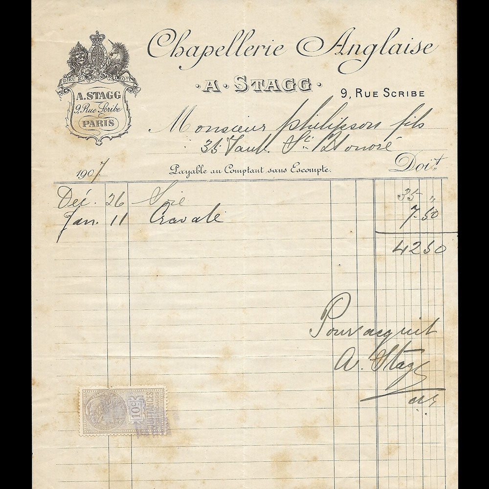 A. Stagg - Facture de la maison de chapellerie anglaise, 9 rue Scribe à Paris (1907)