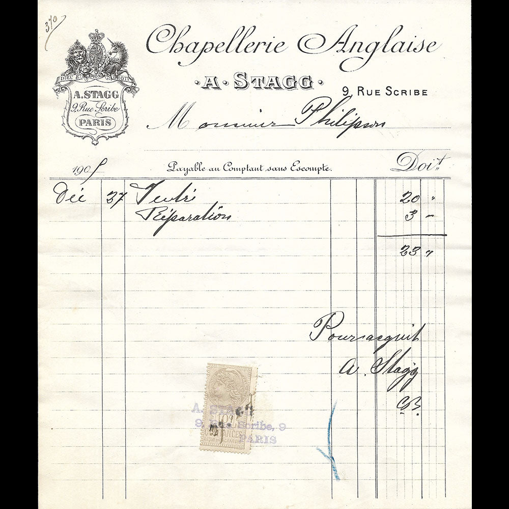 A. Stagg - Facture de la maison de chapellerie anglaise, 9 rue Scribe à Paris (1905)