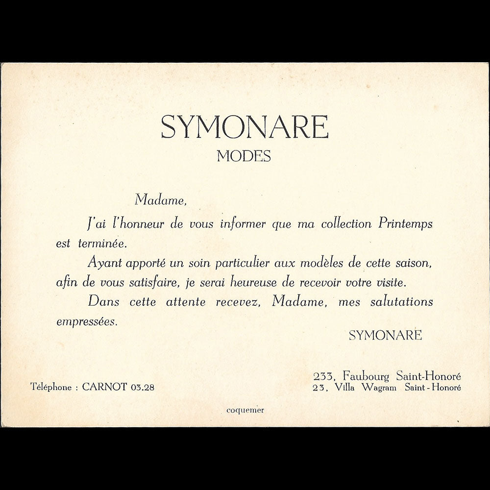 Symonare - Carte de la maison de chapeaux, 233 Faubourg Saint-Honoré à Paris (1930s)