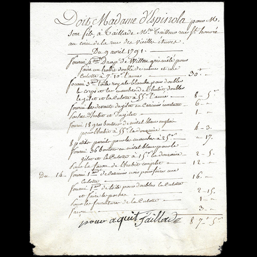 Taillade - Mémoire du Maître tailleur, rue Saint-Honoré à Paris (1791)