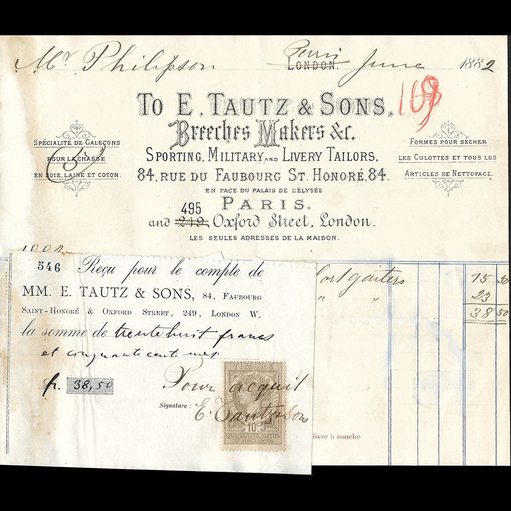 E. Tautz & sons - Facture du tailleur, 84 rue du Faubourg Saint-Honoré à Paris (1882)