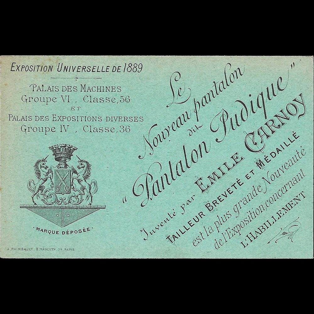 Thinard - Carte du tailleur, 15 Boulevard de Strasbourg à Paris pour l'Exposition Universelle de 1889