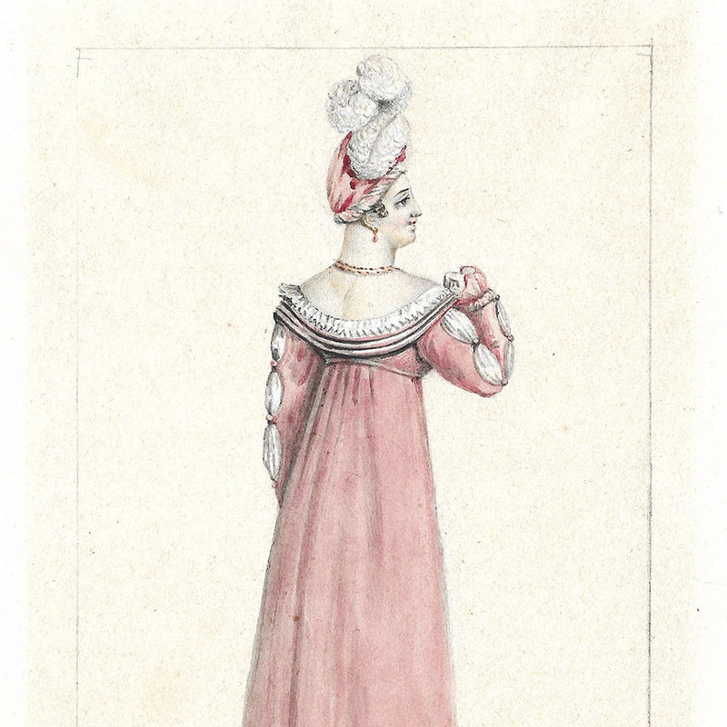 Toque de velours, robe de velours - Dessin pour un périodique de mode (1800-1810s)