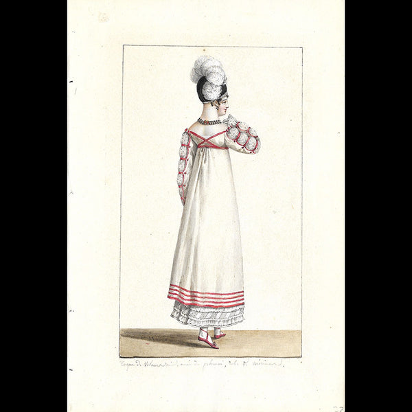 Toque de velours noir, robe de Merinos - Dessin pour un périodique de mode (1800-1810s)