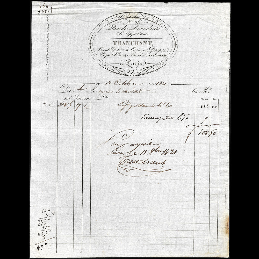 Tranchant - Facture du magasin de tissus, 28 rue des Lavendières Sainte-Opportune à Paris (1821)