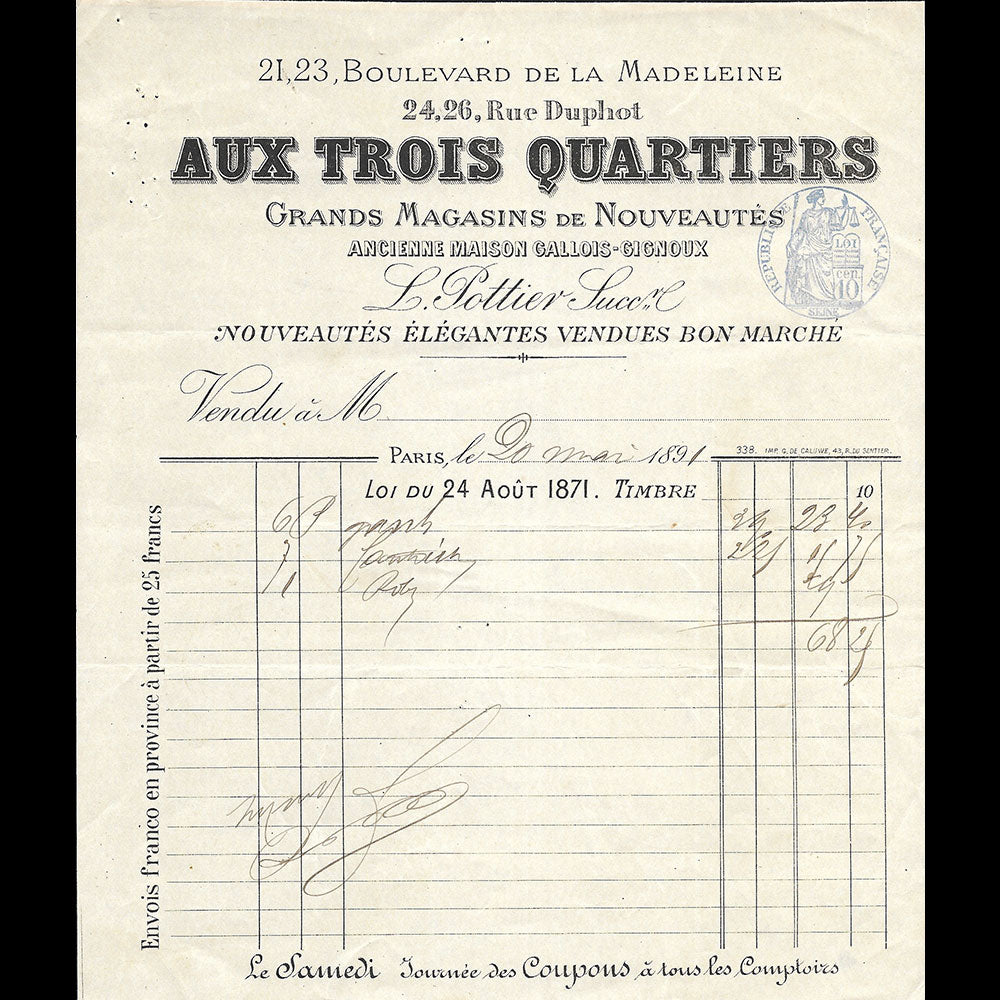 Aux Trois Quartiers - Facture des grands magasins de nouveautés, 21-23 boulevard de la Madeleine à Paris (1891)