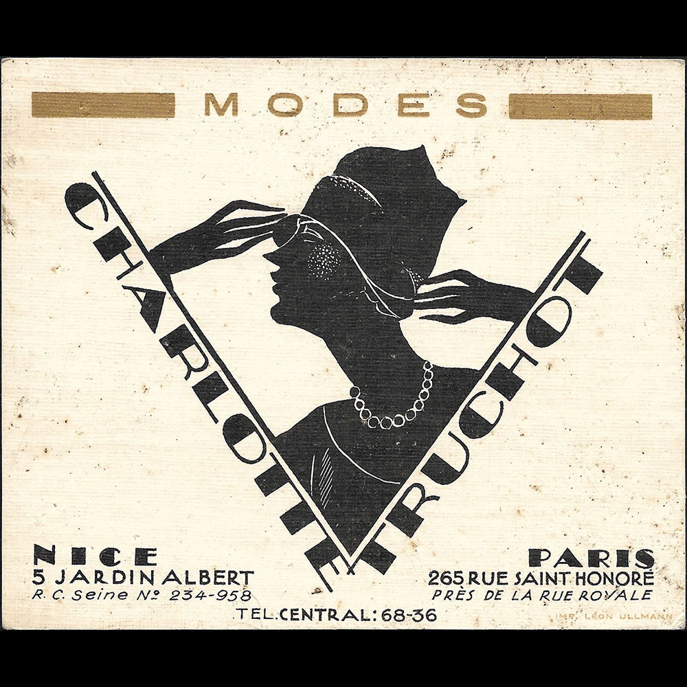 Charlotte Truchot - Carte de la maison de chapeaux, 265 rue Saint-Honoré à Paris (1920s)