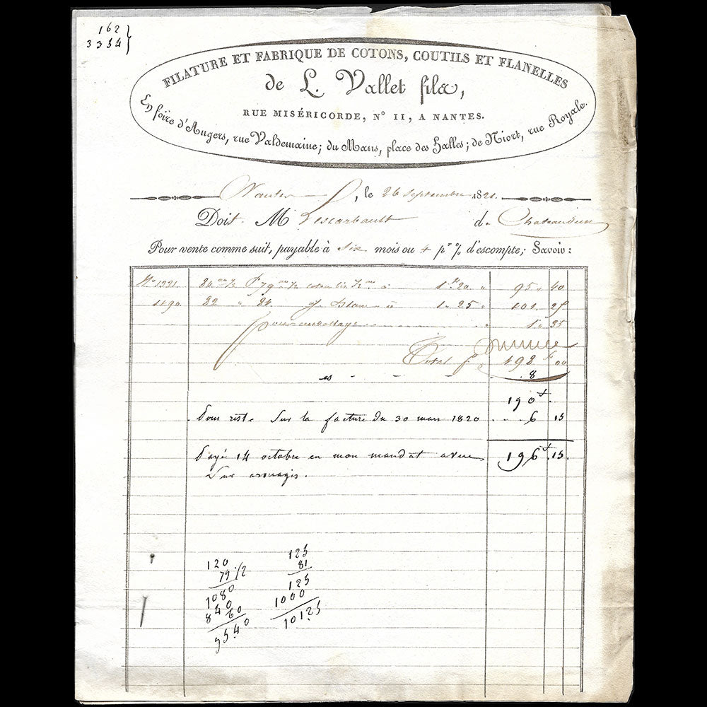 L. Vallet Fils - Facture de la filature de coton, 11 rue Miséricorde à Nantes (1821)