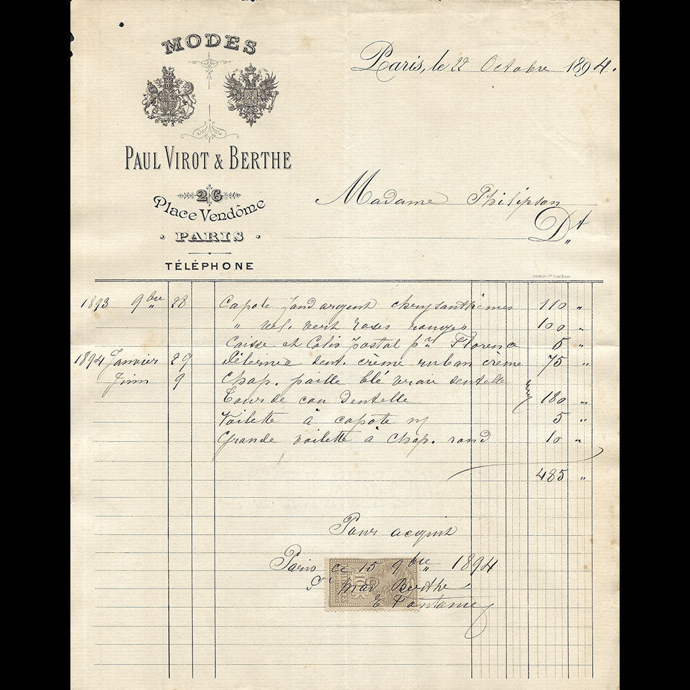 Virot - Facture de la maison de modes, 26 place Vendôme à Paris (1894)