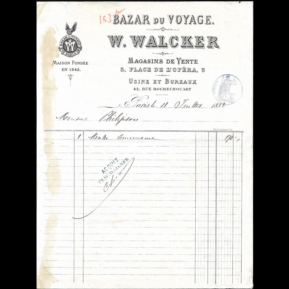 Walcker - Facture du Bazar du voyage, 3 avenue de l'Opéra à Paris (1889)