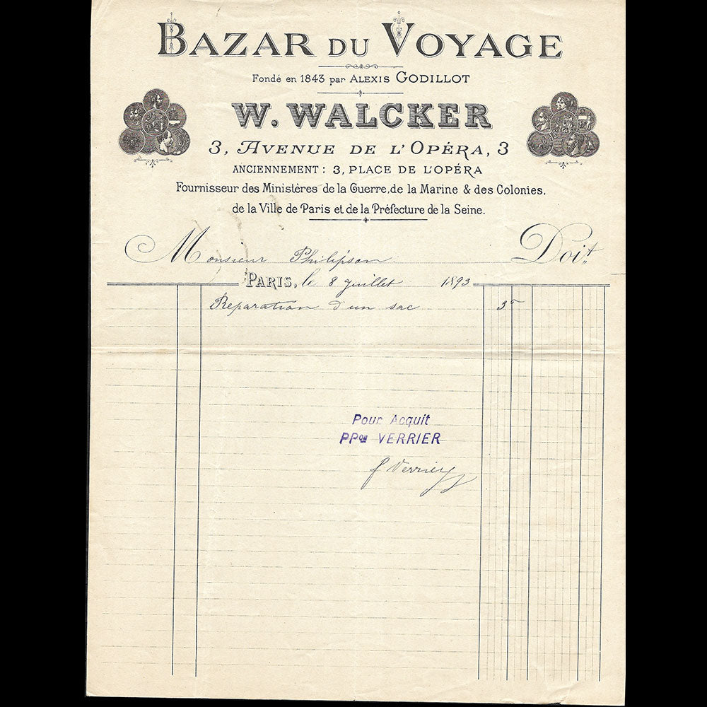 Walcker - Facture du Bazar du voyage, 3 avenue de l'Opéra à Paris (1893)