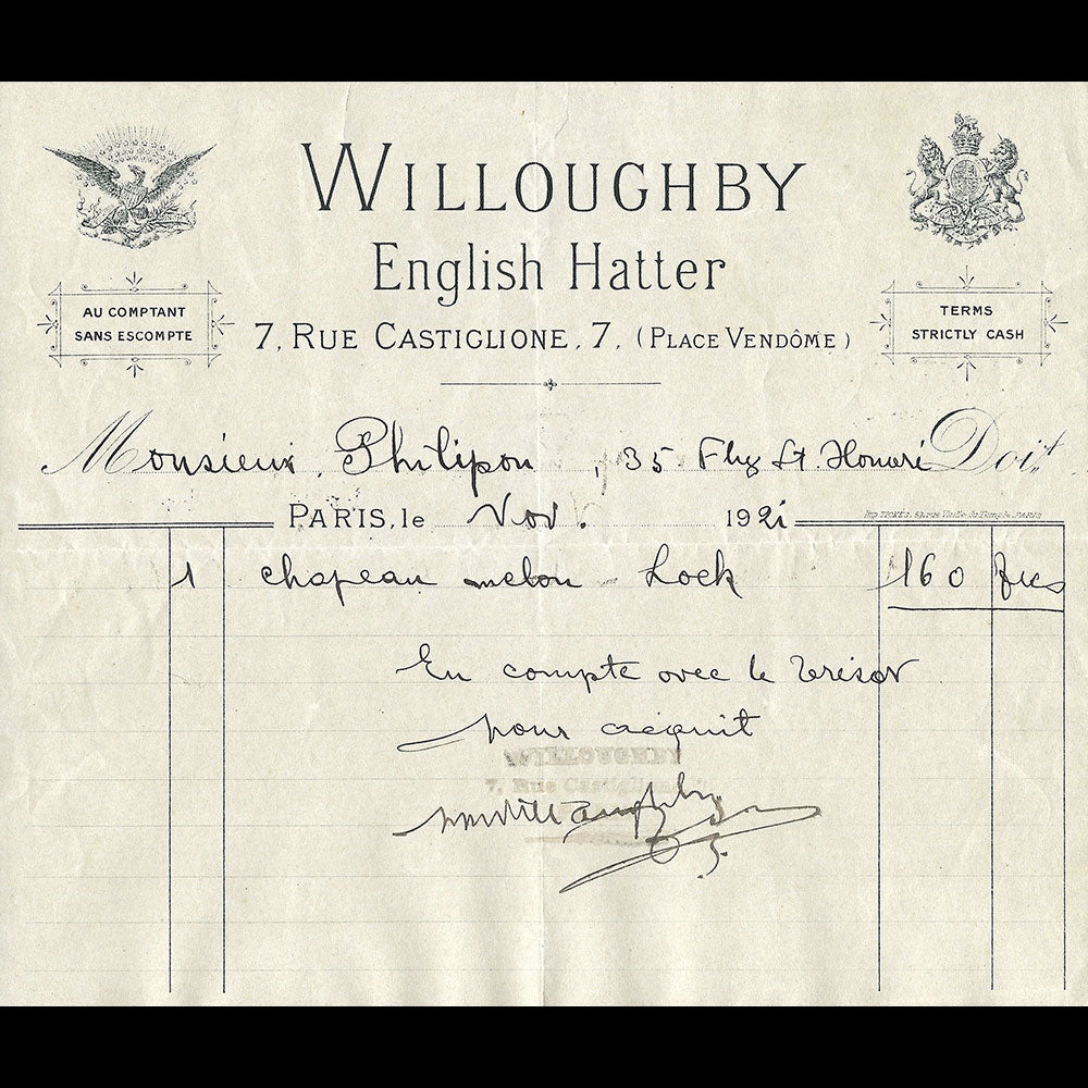 Willoughby - Facture de la maison de chapellerie, 7 rue Castiglione à Paris (1921)