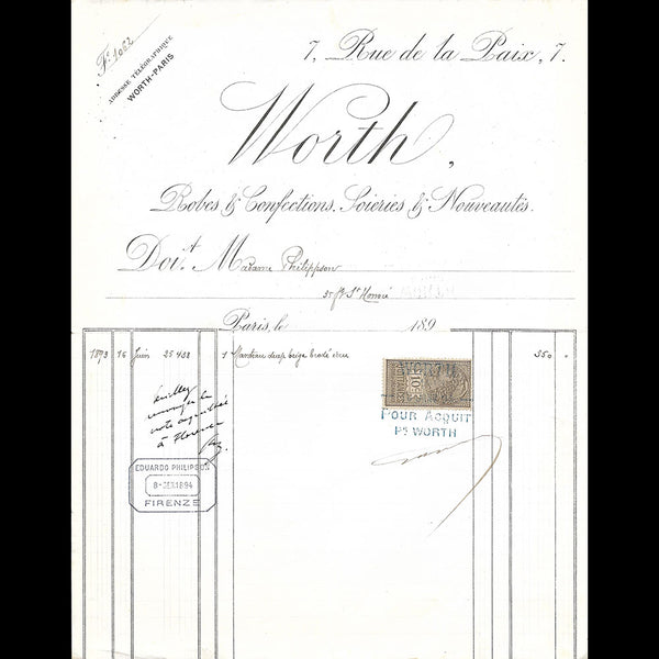 Worth - Facture de la maison de couture, 7 rue de la Paix, Paris (1893)