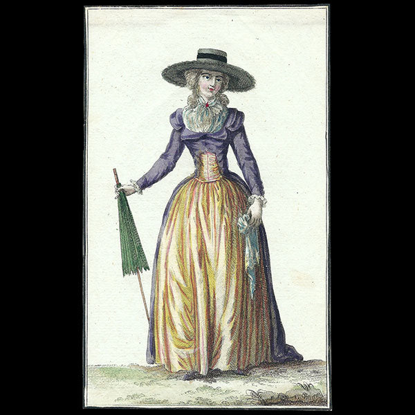 Cabinet des modes, planche I, 8ème cahier - Femme en redingote ajustée (1er mars 1786)