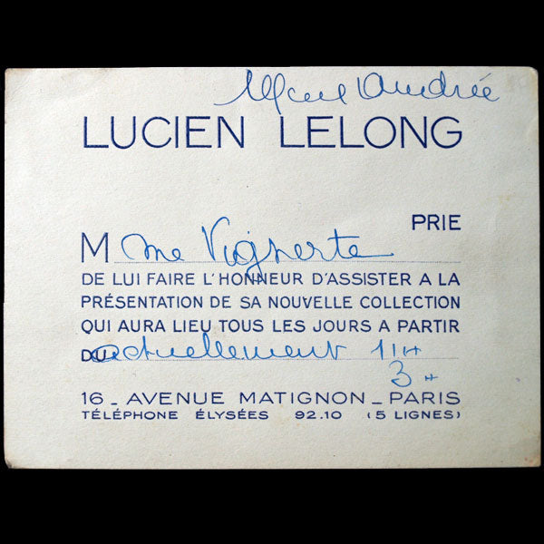 Carton d'invitation de la maison Lucien Lelong