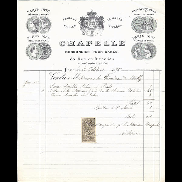 Facture de la maison Chapelle, cordonnier pour dames, 85 rue de Richelieu à Paris (1895)