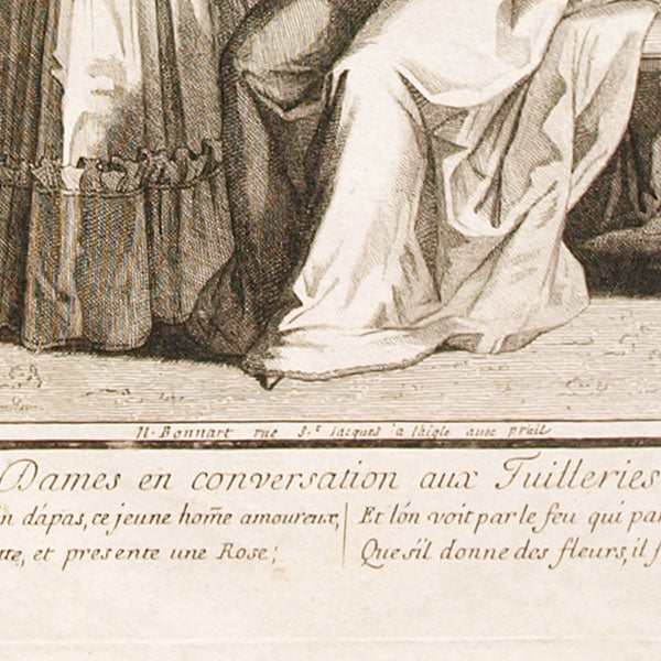 Dames en conversation aux Tuilleries, gravure de Bonnart (circa 1692-1710)