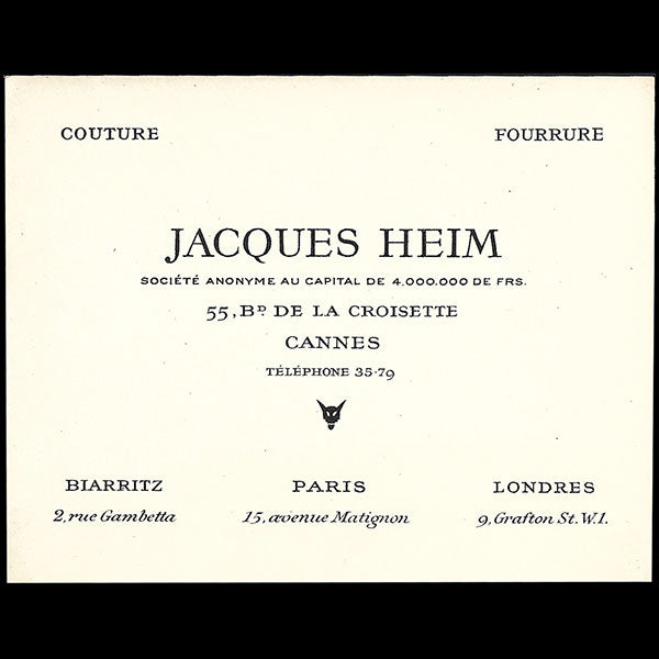Heim - Réunion des 4 cartes de la maison Heim de Paris, Londres, Biarritz et Cannes (circa 1940's)