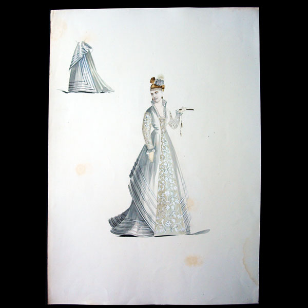 Projets de robes, ensemble de 2 dessins à l'aquarelle d'un dessinateur en costumes et robes (circa 1870)