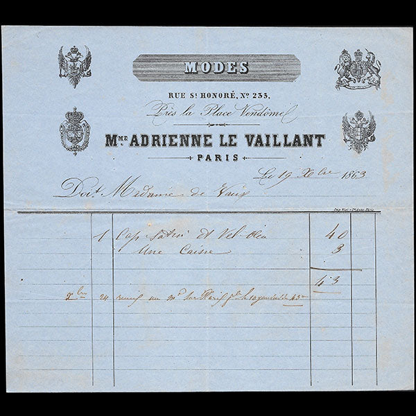 Madame Adrienne Le Vaillant, Facture de la maison de modes, 233 rue Saint-Honoré à Paris (1863)