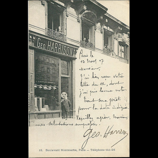 Carte autographe du tailleur Géo Harrison, 18 boulevard Montmartre à Paris (1907)