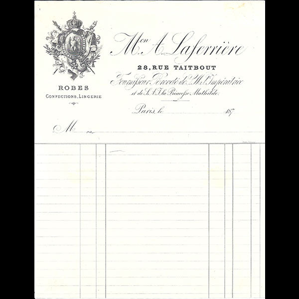 Facture de la maison A. Laferrière, robes, confections, lingerie, 28 rue Taitbout à Paris (circa 1870)