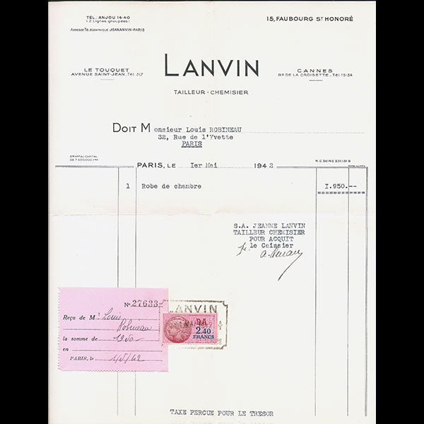 Facture de la maison Lanvin Tailleur Chemisier, 15 Faubourg Saint-Honoré à Paris (1942)