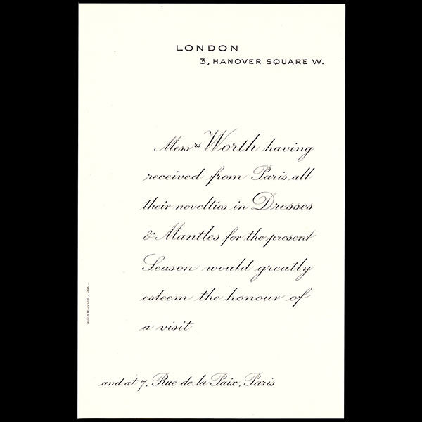 Worth - Invitation de la maison Worth, 3 Hannover Square à Londres (circa 1913)