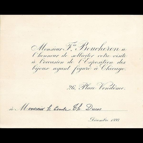 Boucheron - Carton d'invitation à l'exposition des bijoux présentés à Chicago (1893)