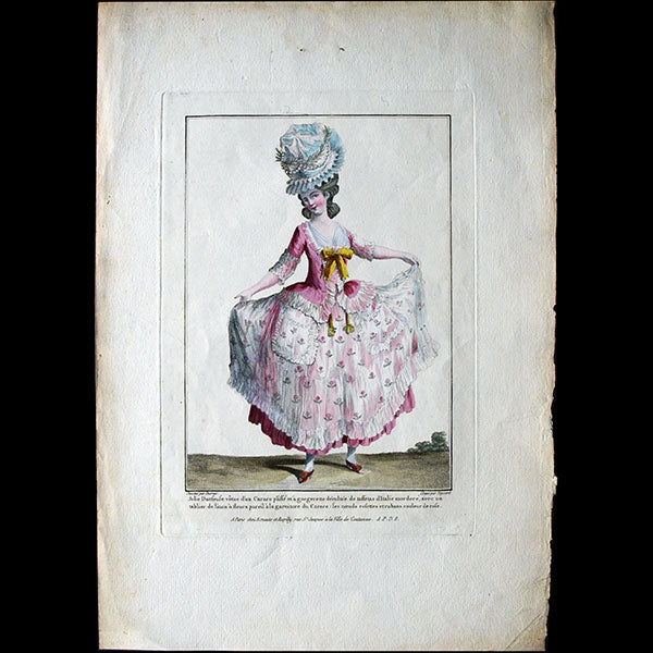 Gallerie des Modes et Costumes Français, 1778-1787, gravure n° R 100, Jolie Danseuse en caraco (1779)