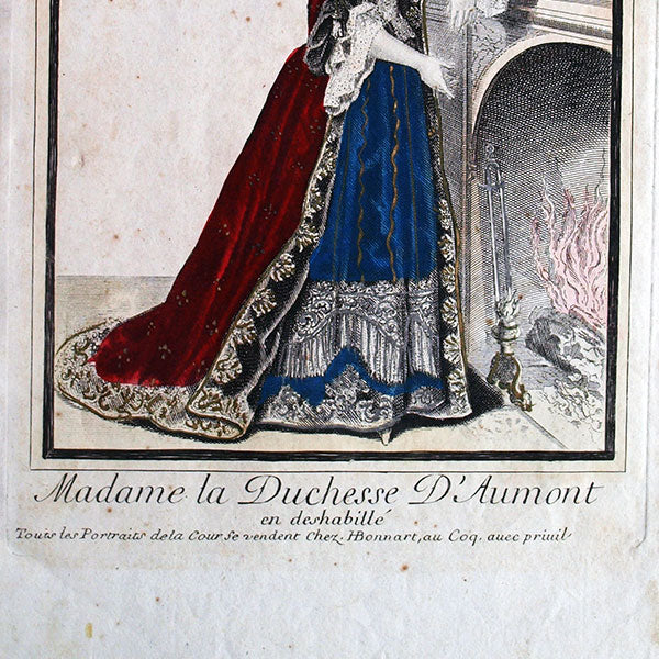 Madame la Duchesse d'Aumont en déshabillé, gravure de Bonnart (circa 1696-1711)
