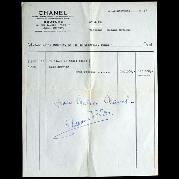 Facture de la maison de couture Chanel, 31 rue Cambon, pour un tailleur de tweed beige (1957)